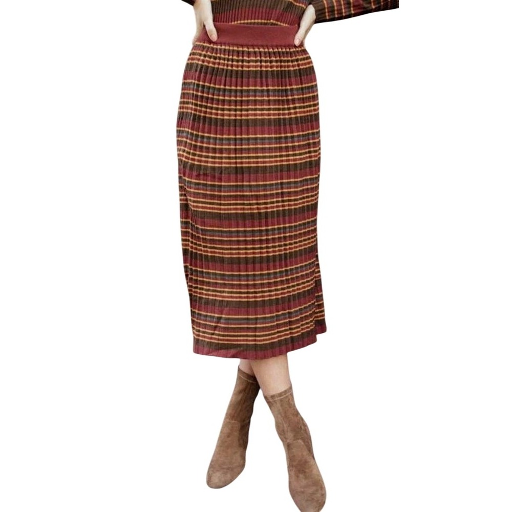 POLOGRAM M Pleated Midi Skirt Ribbed Knit Multi Stripe‎ warm fall colors stylish